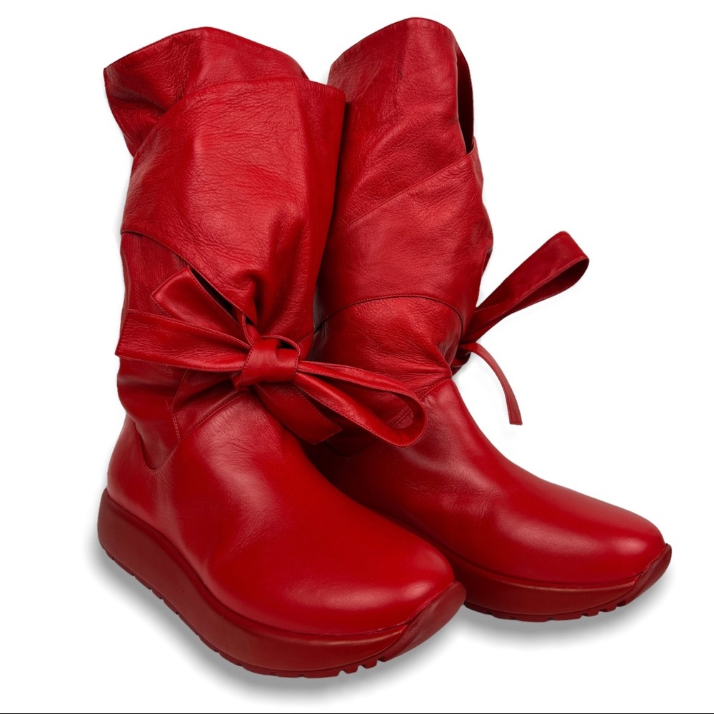 Valentino Red Leather Mid-Calf Lace-Up Bow Boots
